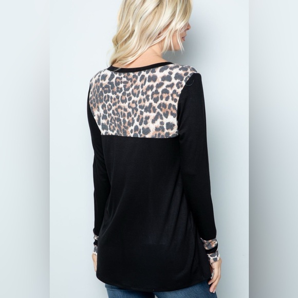 Celeste Full Size Long Sleeve Leopard Spliced T-Shirt - Picture 2 of 4